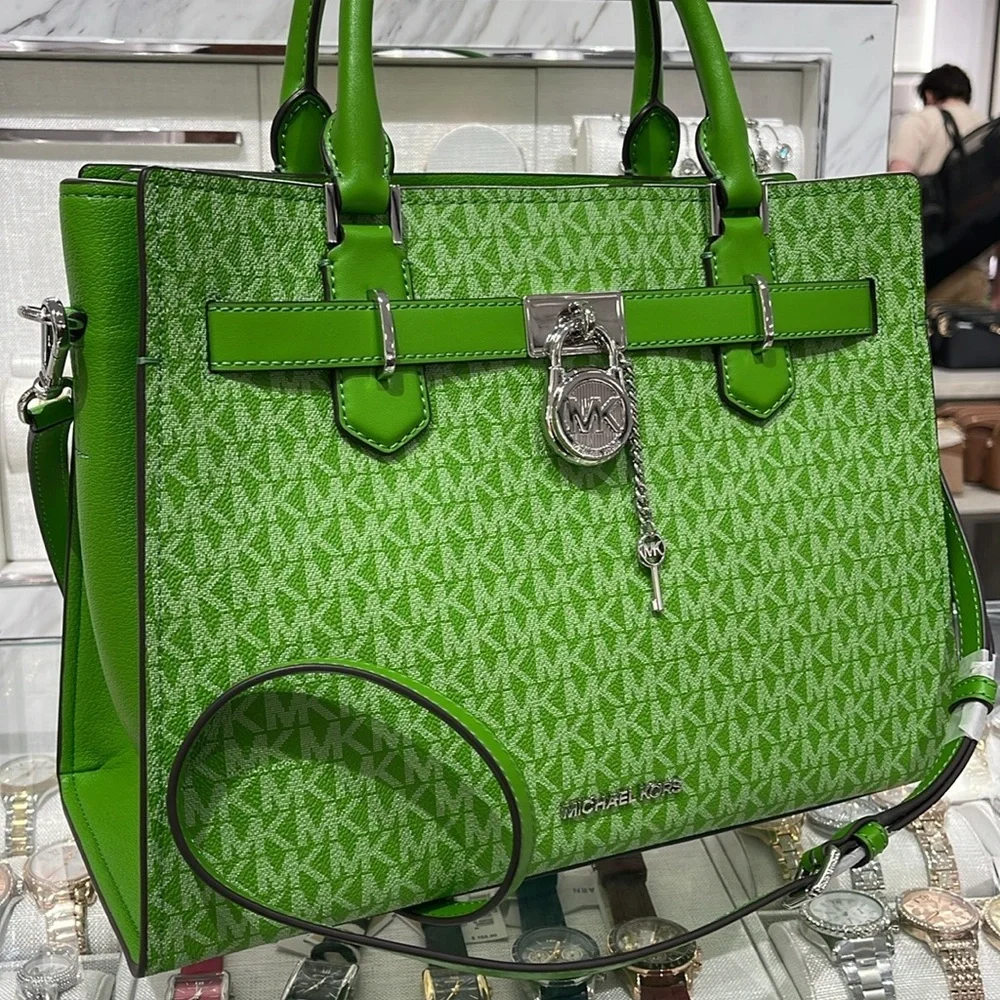 Michael Kors Hamilton Medium Signature Logo Satchel Jungle Green  NWT